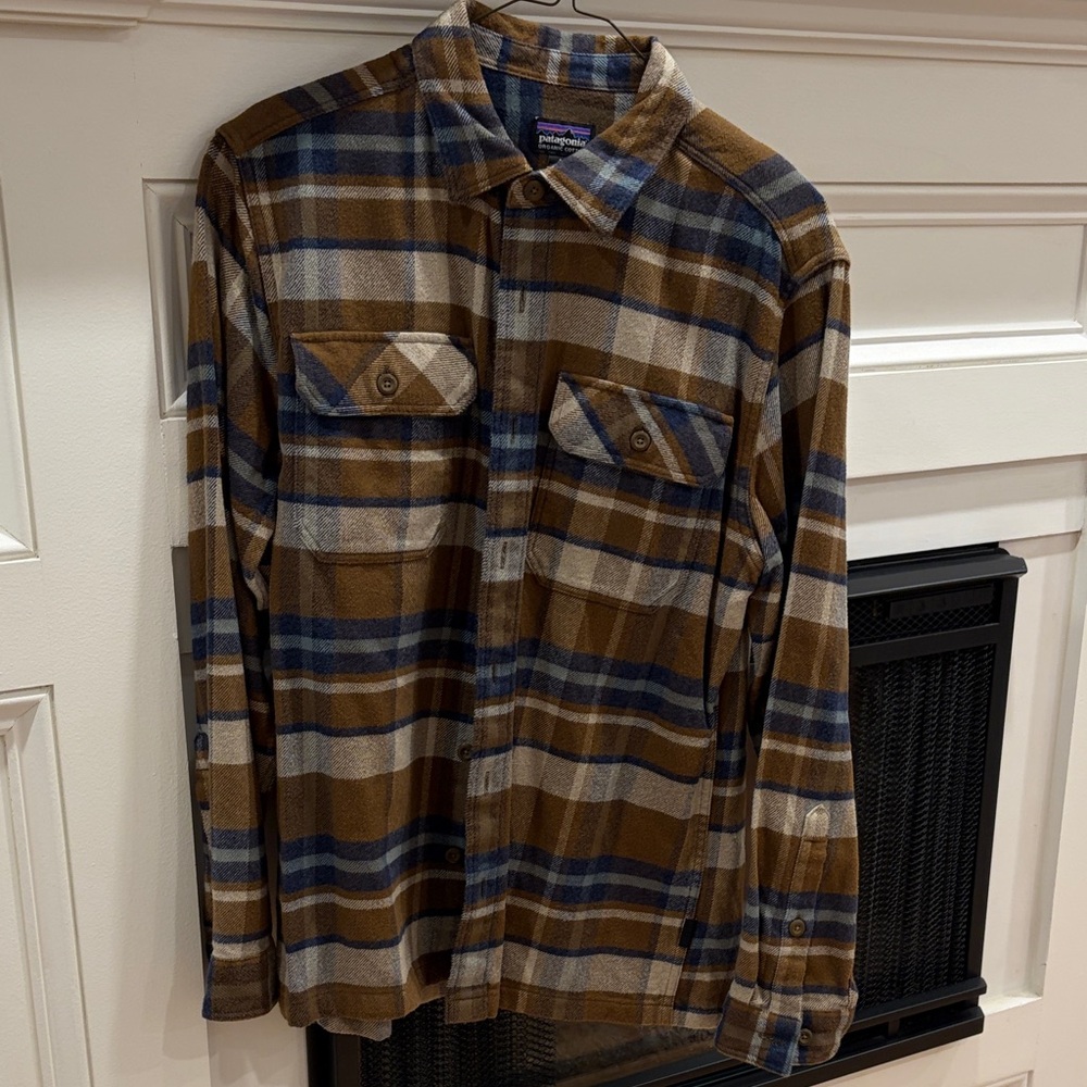 Patagonia Brown, Blue & Cream Plaid Flannel Shirt Sz S